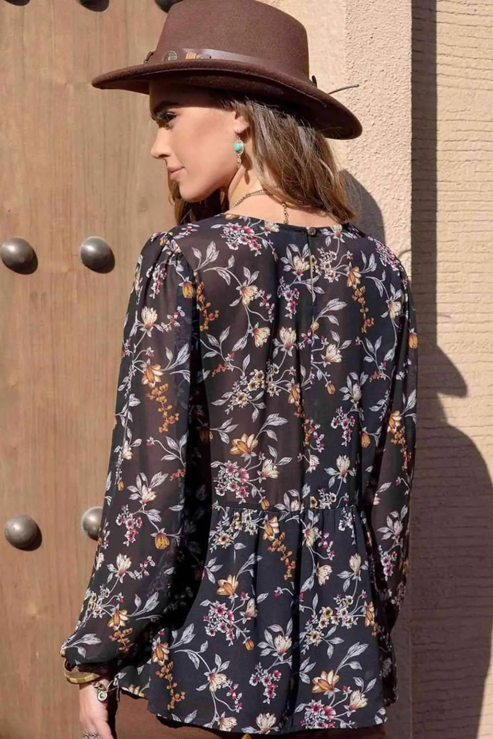 Printed Round Neck Long Sleeve Blouse Blouses - Tophatter Daily Deals